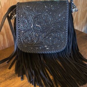 Black Floral Embossed Fringe Crossbody Bag Genuine Leather